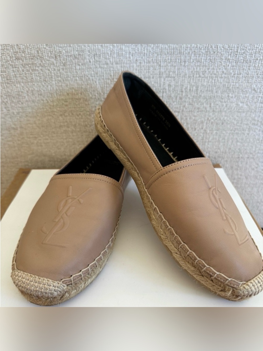 Saint Laurent Cassandre Leather Espadrille Flats with Embossed YSL Nude